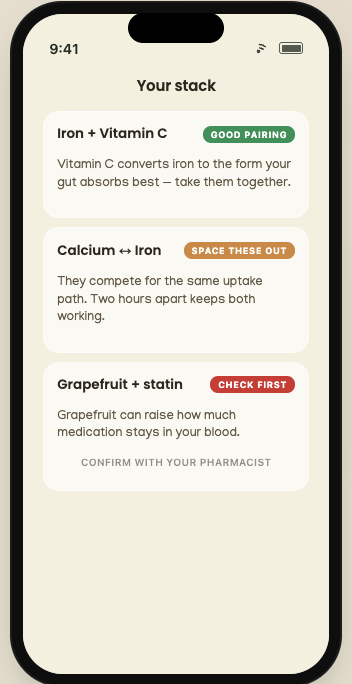 re stack cards for vitamin C and iron, calcium and iron, and a pharmacist check